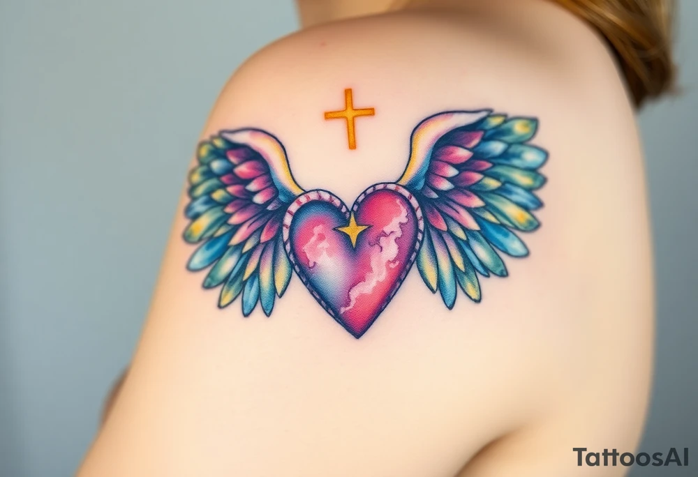 catholic sacred heart with angel wings tattoo idea