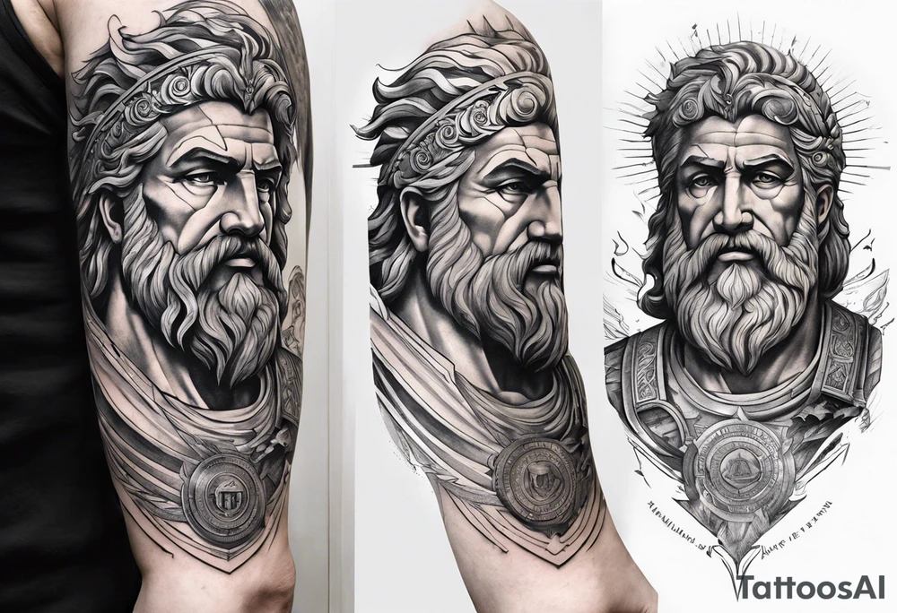 Half sleeve on the right arm with zeus and some text that goes along with it and you can add some Sparta maybe or some building temple of zeus tattoo idea