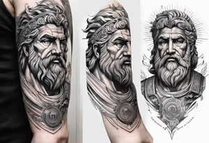 Half sleeve on the right arm with zeus and some text that goes along with it and you can add some Sparta maybe or some building temple of zeus tattoo idea