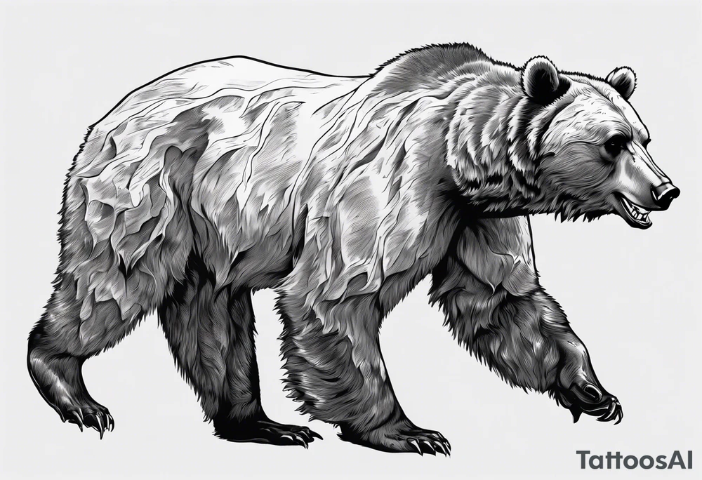 A transparent growling grizzly bear standing on hind legs and inside the bear a realistic depiction of the triglav mountain in slovenia and under the sea pounding the mountain. All inside the bear tattoo idea