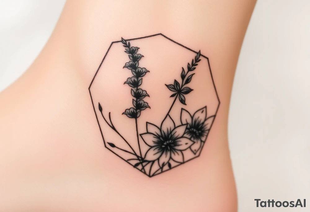 Hexagon Leo larkspurs and water lilies tattoo idea