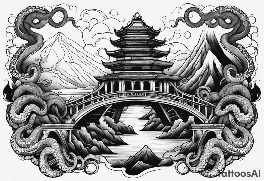 Octopus volcano bridge tattoo idea