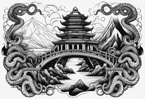 Octopus volcano bridge tattoo idea
