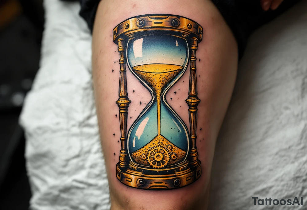 A steampunk-style hourglass with bronze cogs, containing golden sand that flows upwards, defying gravity. tattoo idea