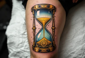 A steampunk-style hourglass with bronze cogs, containing golden sand that flows upwards, defying gravity. tattoo idea