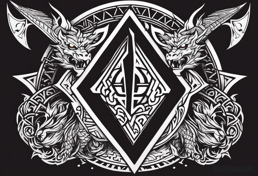 Valhalla sword shield dragon axe Valknut fire tattoo idea Valhalla sword shield dragon axe Valknut fire tattoo idea