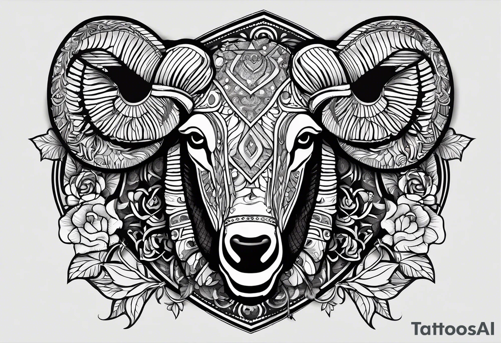 tattoo design containing the following objects: ram head, floorball ball, hockey stick, fishing rod tattoo idea