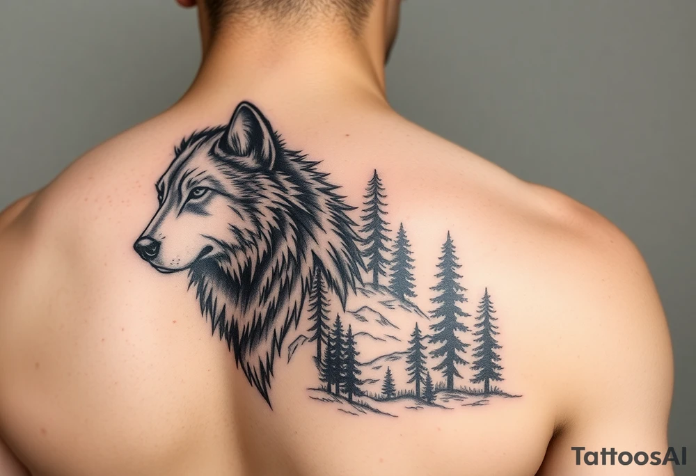 create a right hand sidearm powerful majestic tattoo having wolf and pin trees tattoo idea