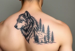 create a right hand sidearm powerful majestic tattoo having wolf and pin trees tattoo idea