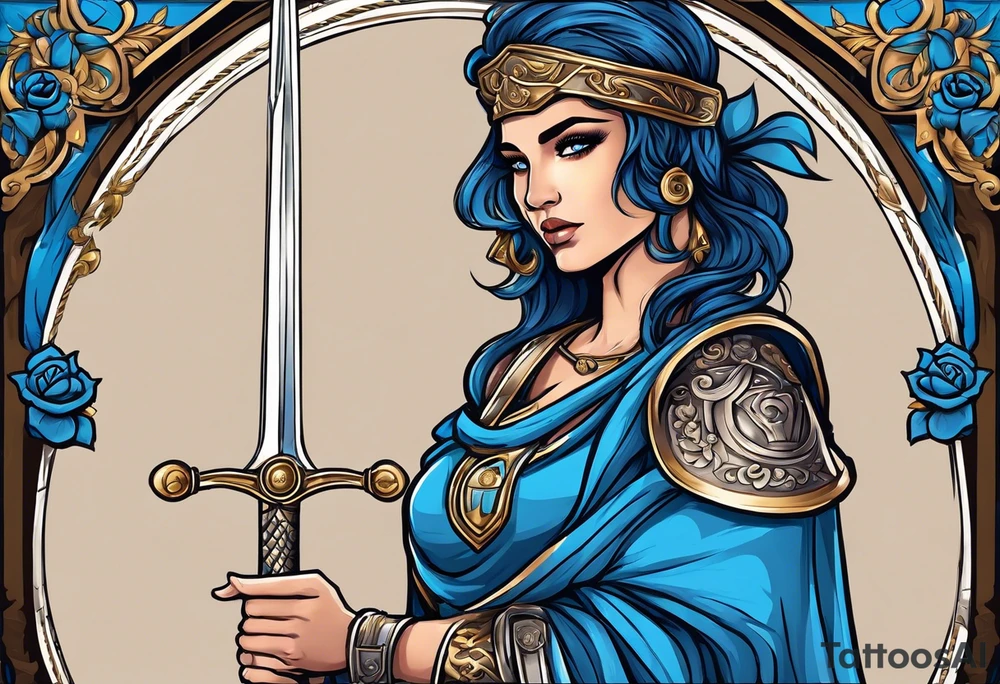 ancient rome clothes women, with Libra in one hand and a sword in the other, blue rose frames tattoo idea