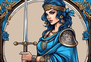 ancient rome clothes women, with Libra in one hand and a sword in the other, blue rose frames tattoo idea