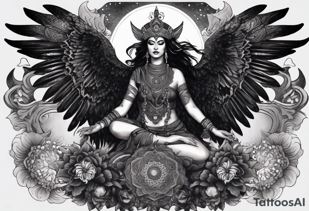 black kali, goddess pirate, alien, angel, pachamama, valkrye, warrior, flying, skull, lotus azul, wing, eagle, zenza resonance, stars, 5D, anahata chakra, death, durga, riding on a tiger, flying lady, kundalini, chest tatoo, samuri, rebel,s erpent tattoo idea