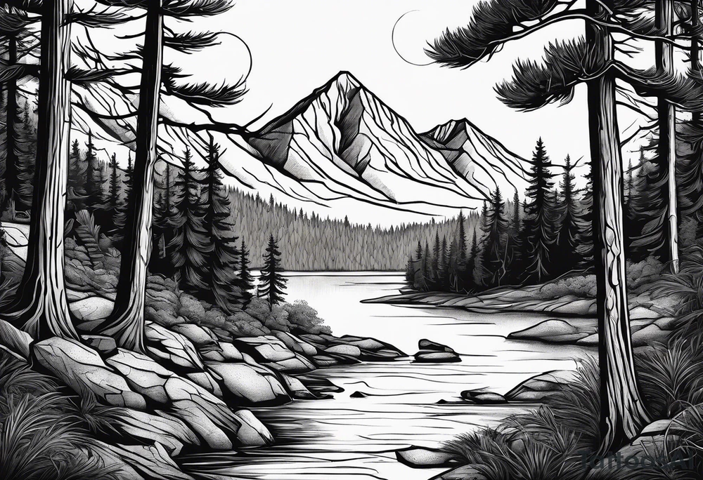 Pine forest with a river, a small tent with a campfire, and a deer tattoo idea