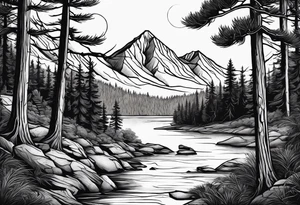 Pine forest with a river, a small tent with a campfire, and a deer tattoo idea