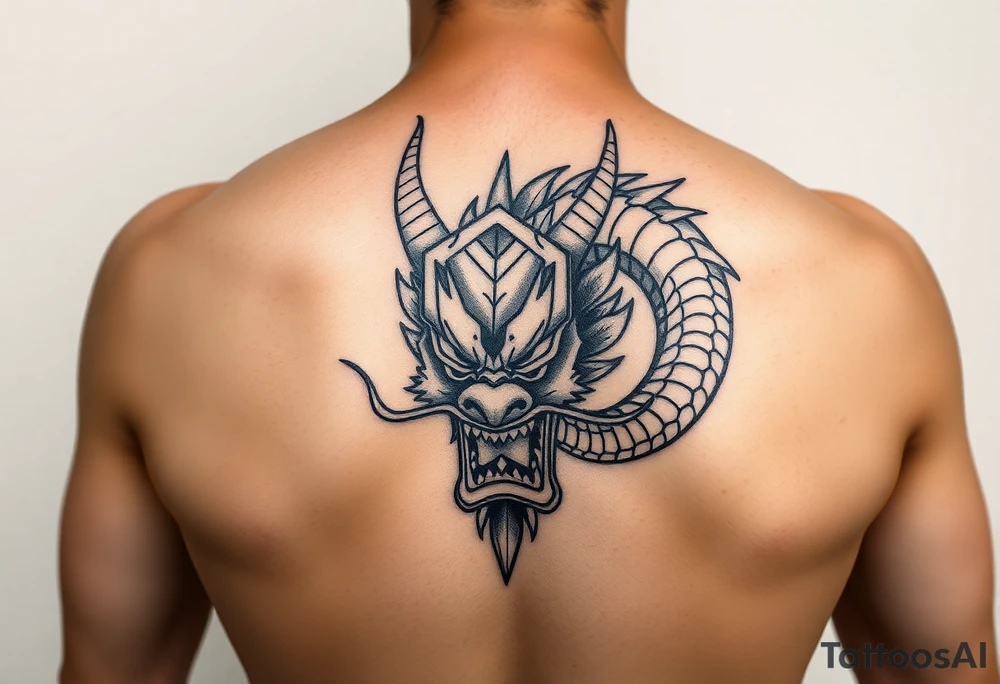 Tatuaje en espalda completa de la cabeza de un dragón demonio japones tattoo idea