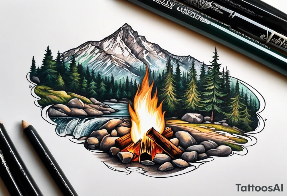 Small campfire in the center, right side: an evergreen tall tree, left side: mountain stream tattoo idea
