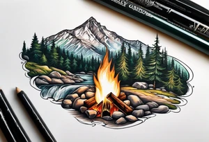 Small campfire in the center, right side: an evergreen tall tree, left side: mountain stream tattoo idea