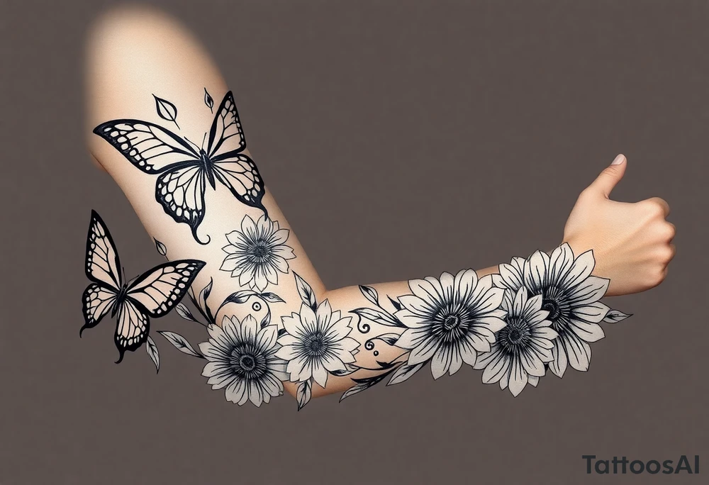 Butterflies tulips and sunflowers tattoo idea