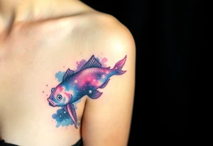 A carp silhouette filled with a galaxy pattern, incorporating deep purples, blues, and twinkling white stars. tattoo idea