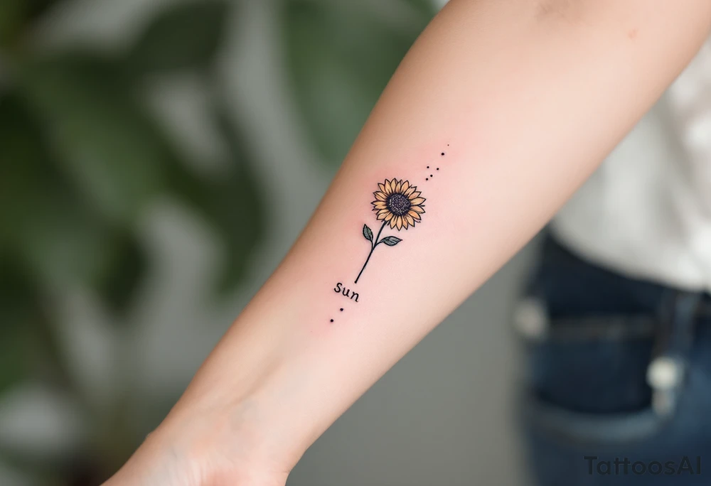 Word "Sun" written vertical with small sunflower in pink tattoo idea