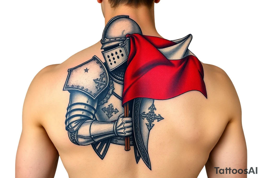 A knight in medieval armor holding a Czech flag, inspired by Hussite warriors, with battle-worn silver and red tones. tattoo idea