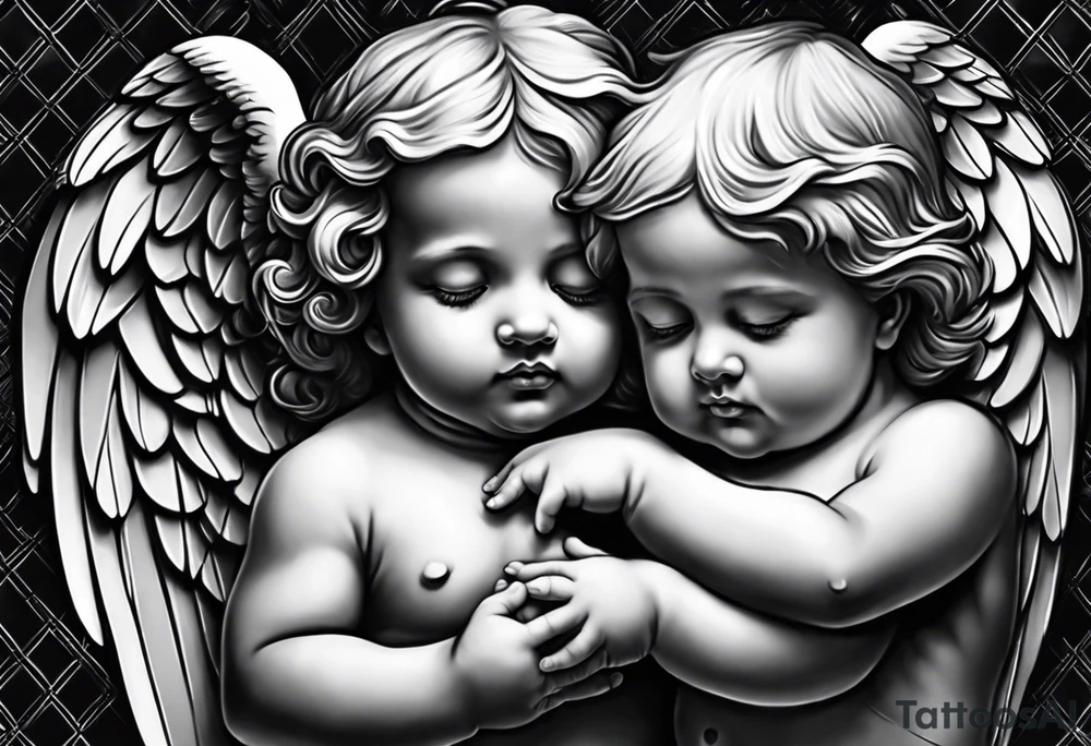 three angels holding hands, no color, realistic inside of bicep, baby angels tattoo idea