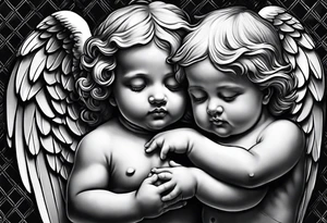 three angels holding hands, no color, realistic inside of bicep, baby angels tattoo idea