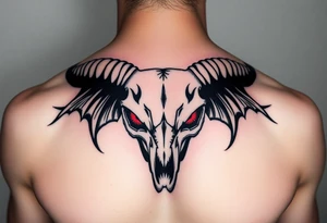 Evil Abstract looking taurus skull chest tattoo with red eyes tattoo idea