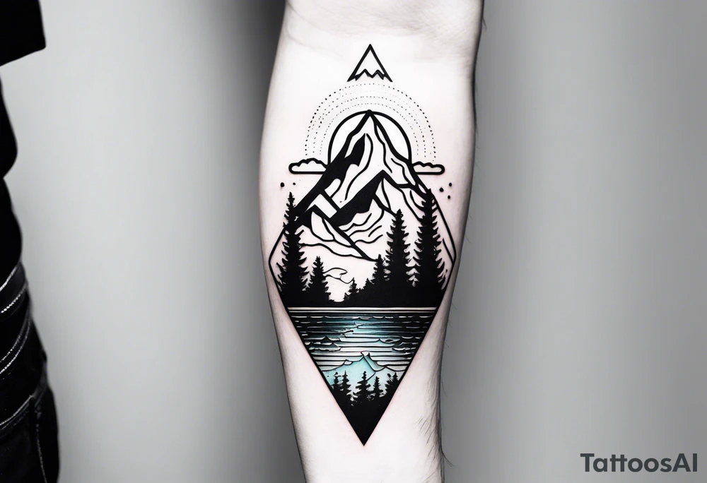 This is a minimalistic tattoo that is split into 2 sections; a top half and a bottom half. The top half is a mountain in Norway with a mountain bike trail winding down the mountain. The bottom half of the tattoo depicts an underwater scene featuring water, and sea life. tattoo idea