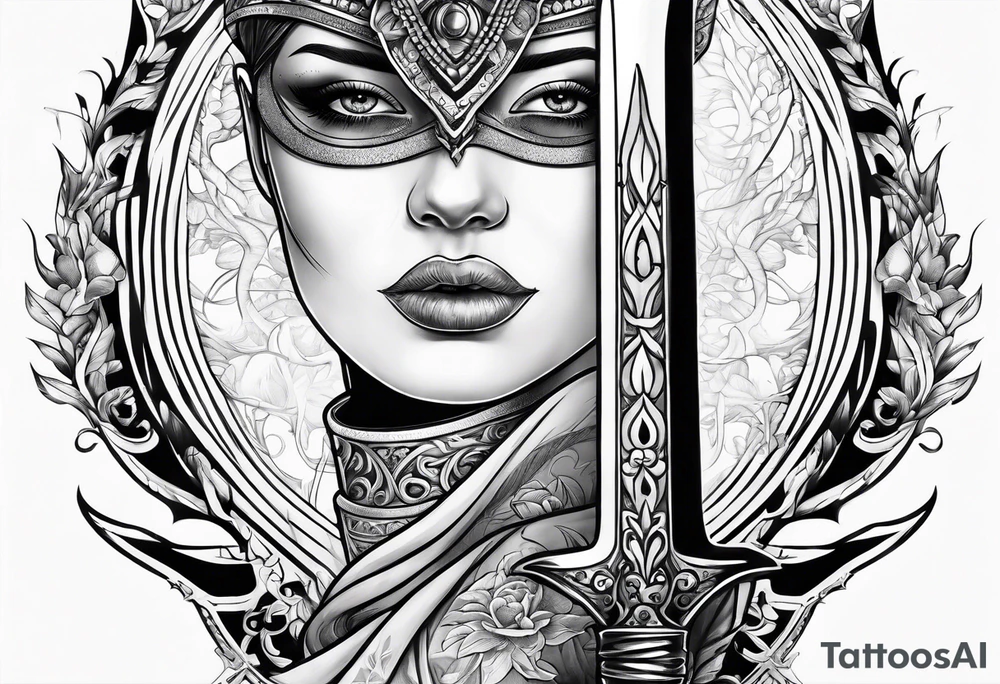 Dagger with a woman on the blade tattoo idea