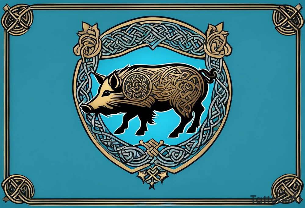 Side profile, Celtic, tribal, wild boar, On a Chatwin family crest with blue background, two gold stars, and a gold Chevron, and a Thistle. With bold black tribal lines. ancient Celtic, tribal boar tattoo idea