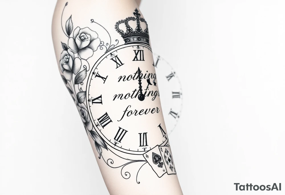 Roman clock with roses and a crown, a quote that says nothings forever. and on the bottom a deck of cards tattoo idea