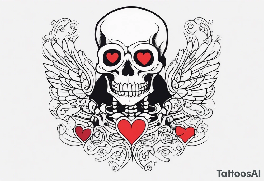 One skeleton with eyes in the shape of hearts, one skeleton sitting tattoo idea