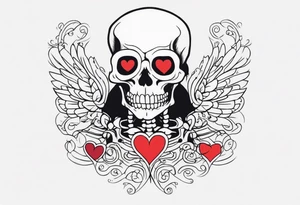 One skeleton with eyes in the shape of hearts, one skeleton sitting tattoo idea