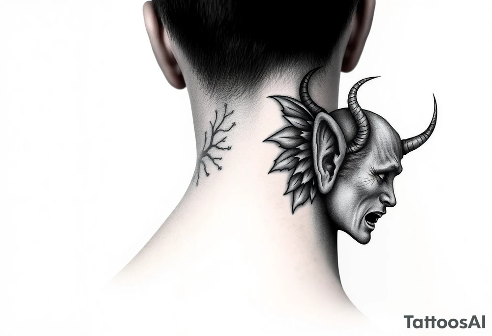 position behind the neck Angel (on the right) whispering in the right ear, demon (on the left) whispering in the left ear tattoo idea