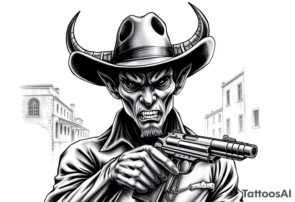 a demon with cowboy-hat ,a gun in a hand, old buildings in the background. tattoo idea