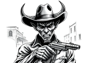 a demon with cowboy-hat ,a gun in a hand, old buildings in the background. tattoo idea
