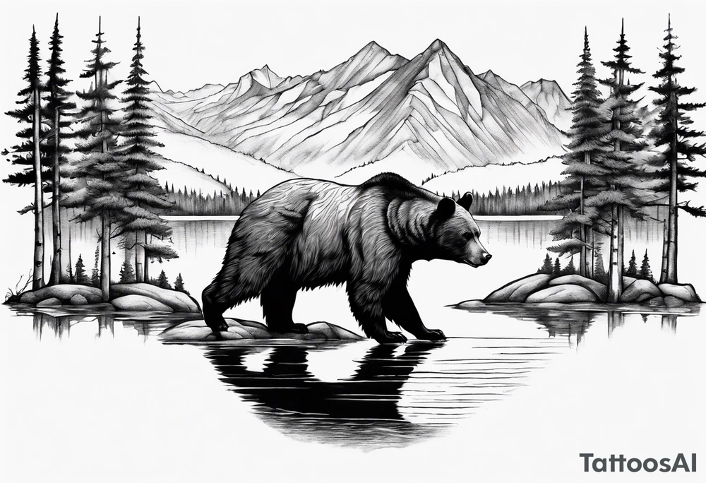 black bear over a forest with a lake below, full sleeve tattoo idea black bear over a forest with a lake below, full sleeve tattoo idea