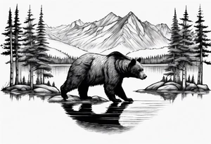 black bear over a forest with a lake below, full sleeve tattoo idea
