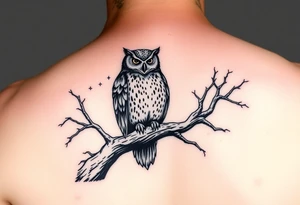 wise owl perched on ancient oak branch under starlit sky tattoo idea