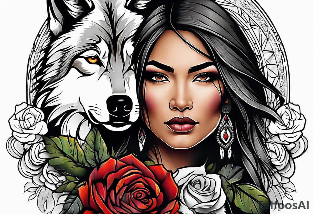 Native American woman wrapped in roses with a wolf tattoo idea