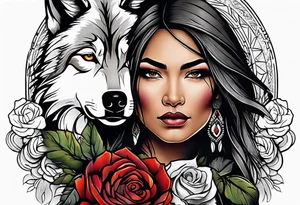 Native American woman wrapped in roses with a wolf tattoo idea