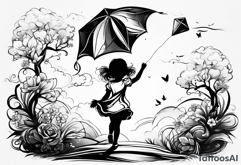 back image of a little girl flying a kite tattoo idea
