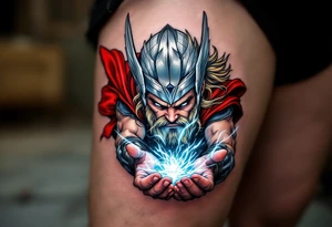 Thor’s red cape flowing in the wind, with Mjölnir spinning above his open palm, creating a vortex of energy, in cinematic full color with glowing white streaks. tattoo idea