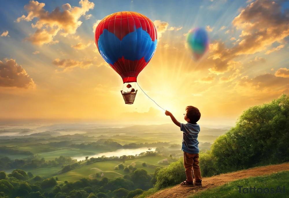 little boy holding a string to the earth shaped baloon.
boy should be drawed from behinfd anhas one hand reaching up in 45 degree angle and holding the baloon string
the string has a big wave in like a hearbeat pulse on it.
baloon is in the shape of the eharth and red toned. tattoo idea