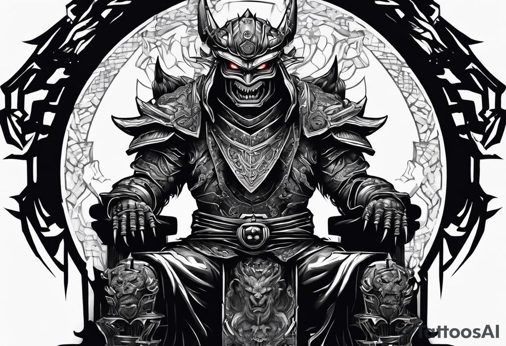 Angry robot demon ninja with demon mask sitting on his throne tattoo idea Angry robot demon ninja with demon mask sitting on his throne tattoo idea