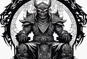 Angry robot demon ninja with demon mask sitting on his throne tattoo idea