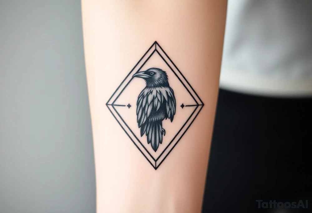 Geometric diamond with lines going around with a big detailed crow in center with a lot of shading tattoo idea