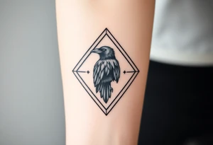 Geometric diamond with lines going around with a big detailed crow in center with a lot of shading tattoo idea