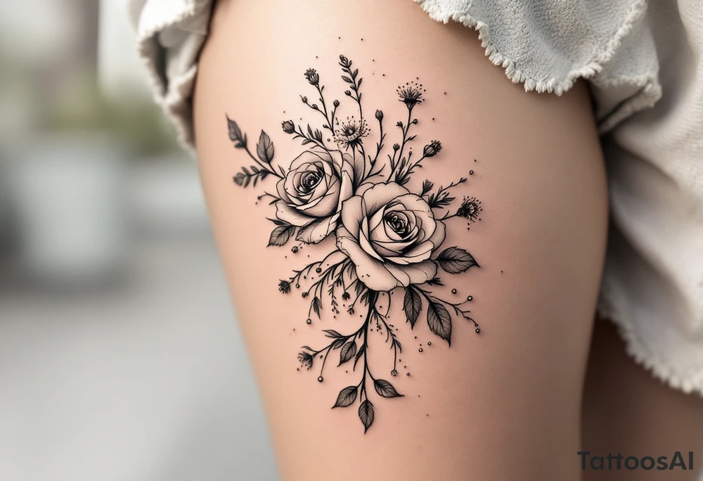 vintage bouquet of wild roses and meadow flowers with morning dew tattoo idea